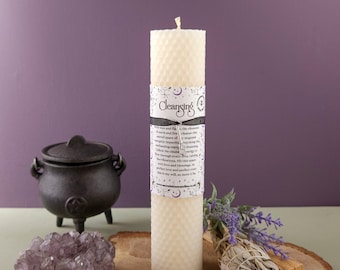 Cleansing Ritual Beeswax Pillar Candle with an Optional Chamberstick Candle Holder, Witchcraft Altar Supplies, Pagan Wiccan Gift Idea