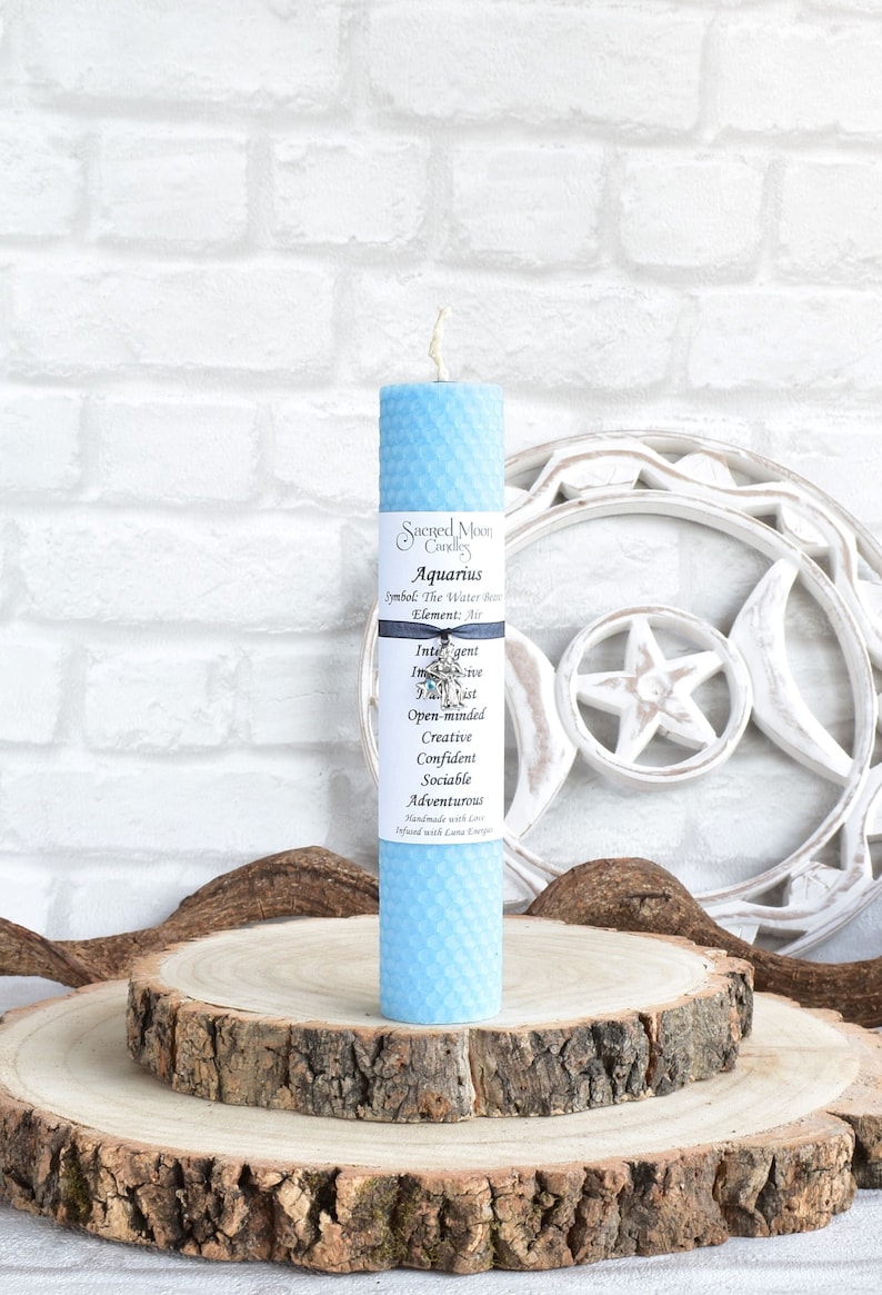 Aquarius Gift Pillar Candle with an Optional Black Chamberstick Candle Holder, Star Sign Zodiac, Thoughtful Birthday Present. image 1
