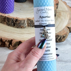 Aquarius Gift Pillar Candle with an Optional Black Chamberstick Candle Holder, Star Sign Zodiac, Thoughtful Birthday Present. image 4