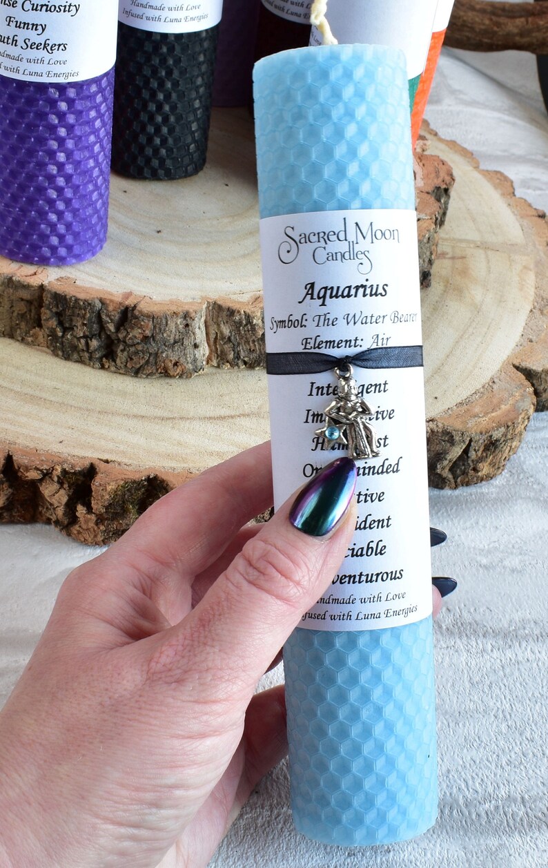 Aquarius Gift Pillar Candle with an Optional Black Chamberstick Candle Holder, Star Sign Zodiac, Thoughtful Birthday Present. image 4