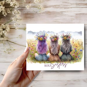 Carte d'anniversaire Soul Sisters, dames bohèmes dans un pré, amitié et lien spirituel