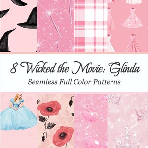 May include: Eight digital paper patterns featuring a pink and white color scheme. The patterns include a witch's hat, a wand, a plaid pattern, a dress, a poppy flower, bubbles, a crown, and a blue dress.