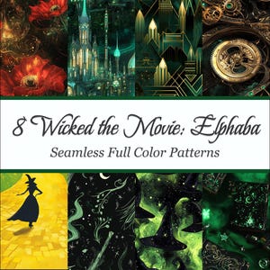 Pode incluir: 8 Wicked the Movie: Elphaba Padrões sem costura em cores sólidas. Uma colagem de oito padrões digitais que representam uma cidade verde e dourada, uma bruxa com um vestido preto, uma estrada de tijolos amarelos, um céu estrelado verde e preto, e um livro verde e dourado.