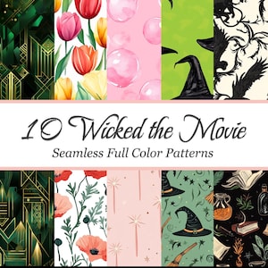 May include: 10 seamless digital paper patterns inspired by the movie Wicked. The patterns feature a variety of designs, including green and gold geometric patterns, red and white poppy flowers, pink watercolor bubbles, green and black witch hats, and black and white illustrations of books and potions.