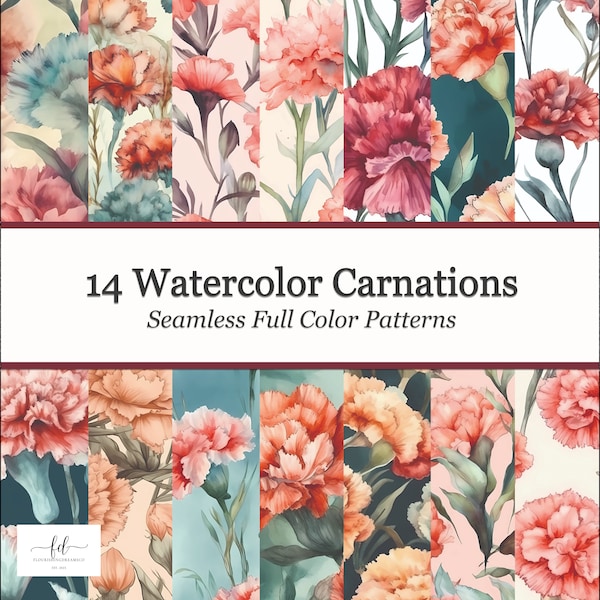 14 Watercolor Carnations Patterns for Instant Download • Seamless • 12x12in • Commercial Use • Scrapbooking, Wrapping Paper, Fabric