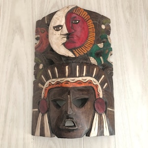 Vintage Carved Wood Tiki Mayan Head Wall Hanging Art Painted Sun Moon Jaguar