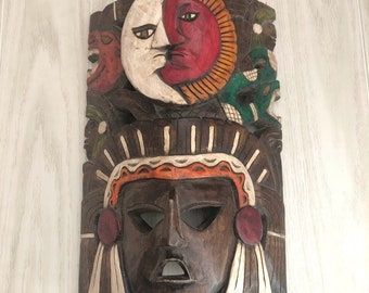 Vintage Carved Wood Tiki Mayan Head Wall Hanging Art Painted Sun Moon Jaguar