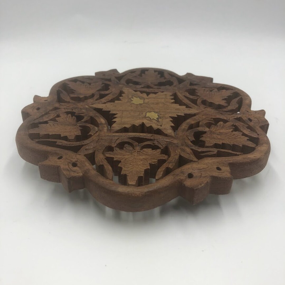 Vintage Wood Carved Hot Plate Pot Holder Trivet Gold Tone Inlay Ornate Leaf Pattern Etsy