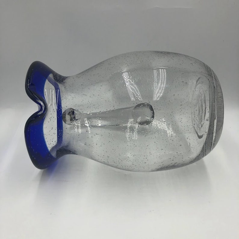 Vintage Cobalt Blue Rim Handblown Glass Pitcher With Handle Etsy