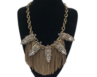 Vintage Express Fringe Gold Tone Crystal Rhinestone Statement Necklace Signed