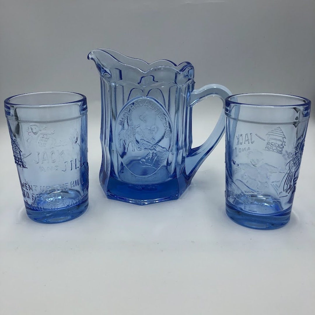 Vintage Tiara Blue Glass Pitcher and 2 Glass Set Jack and Jill Etsy