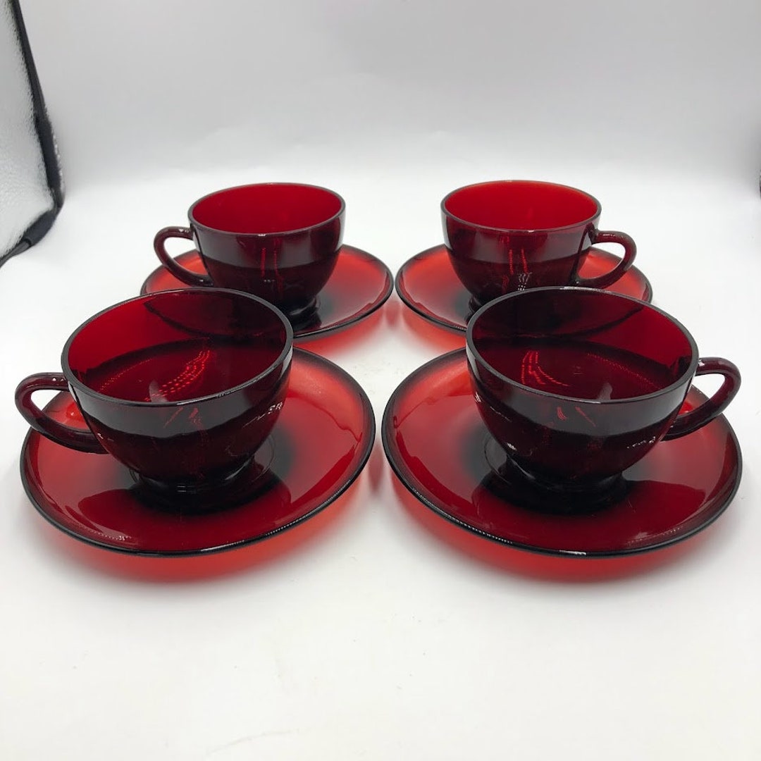 Vintage Set of 4 Ruby Red Glass Tea Cups and Saucers Set Etsy