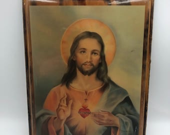 Vintage MCM Jezus houten muur hangende plaquette kunst religieus spiritueel heilig decor