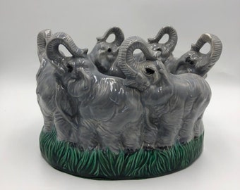 Vintage Ceramic Elephants Marching Bowl Trunks Up Decorative Tabletop Animal