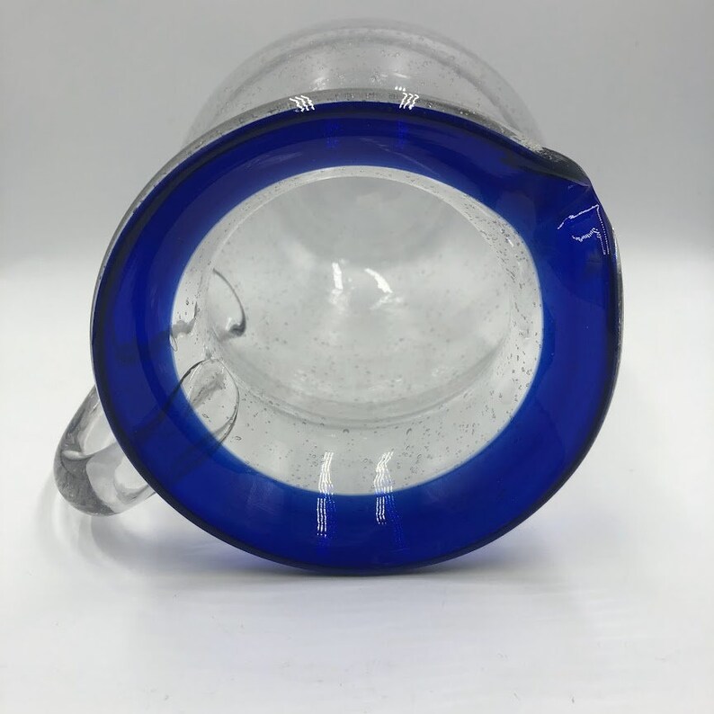 Vintage Cobalt Blue Rim Handblown Glass Pitcher With Handle Etsy