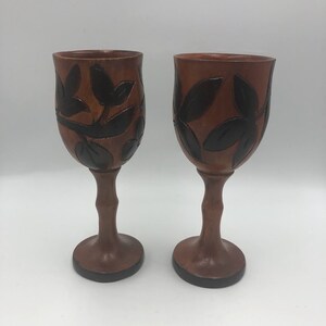 Vintage Hand Carved Wood Goblets Floral Design Collectible Set of 2 | Decorative | Collectible | Wood Carved Art | Display Stemware