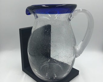 Vintage Cobalt Blue Rim Handblown Glass Pitcher With Handle Kitchen Drinkware