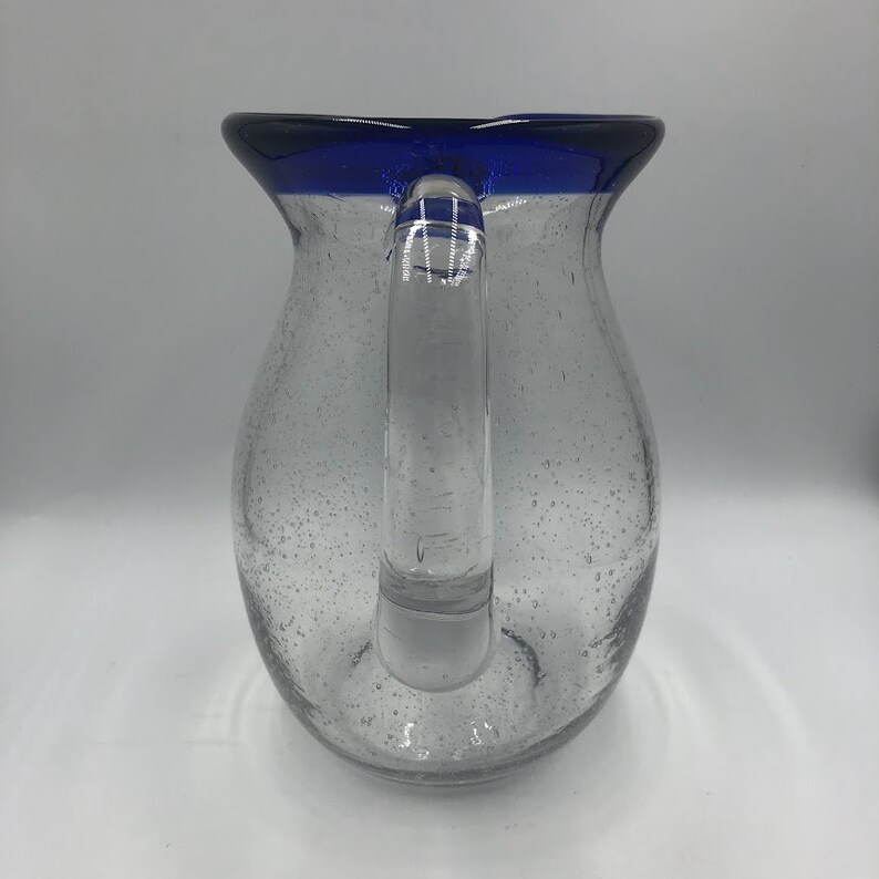 Vintage Cobalt Blue Rim Handblown Glass Pitcher With Handle Etsy