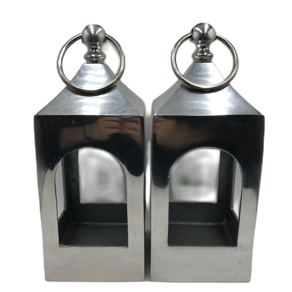 Vintage Pottery Barn Set of 2 Large Pewter Silvertone Pillar Candle Lanterns