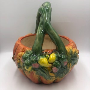 Cuenco de cerámica vintage con forma de calabaza y asa de enredadera, decoración de otoño para Acción de Gracias