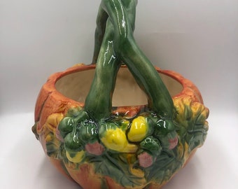 Vintage Ceramic Pumpkin Basket Bowl with Vine Handle Fall Harvest Thanksgiving Décor