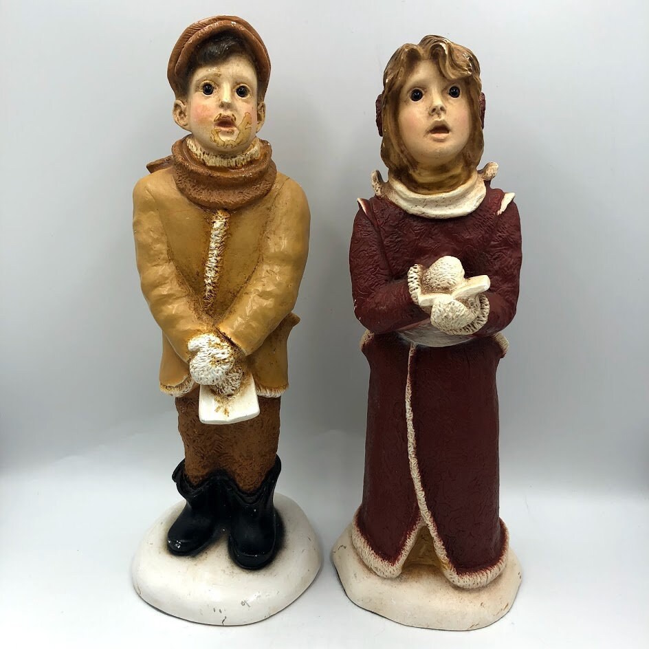 Vintage Universal Statuary Corp Carved Christmas Carolers Man and Woman
