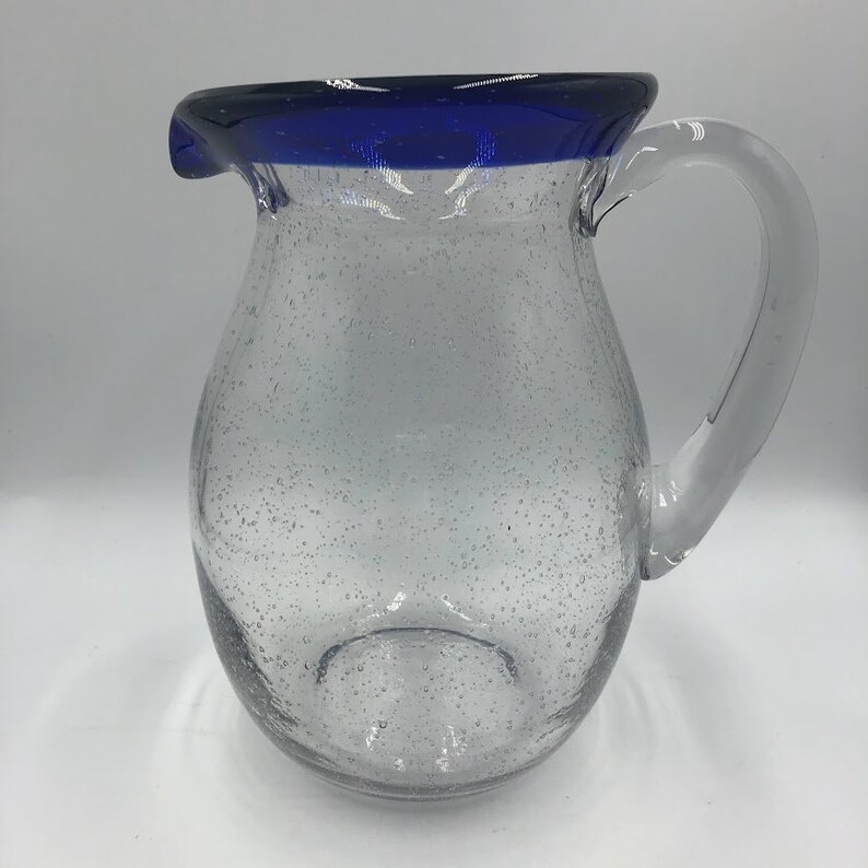 Vintage Cobalt Blue Rim Handblown Glass Pitcher With Handle Etsy