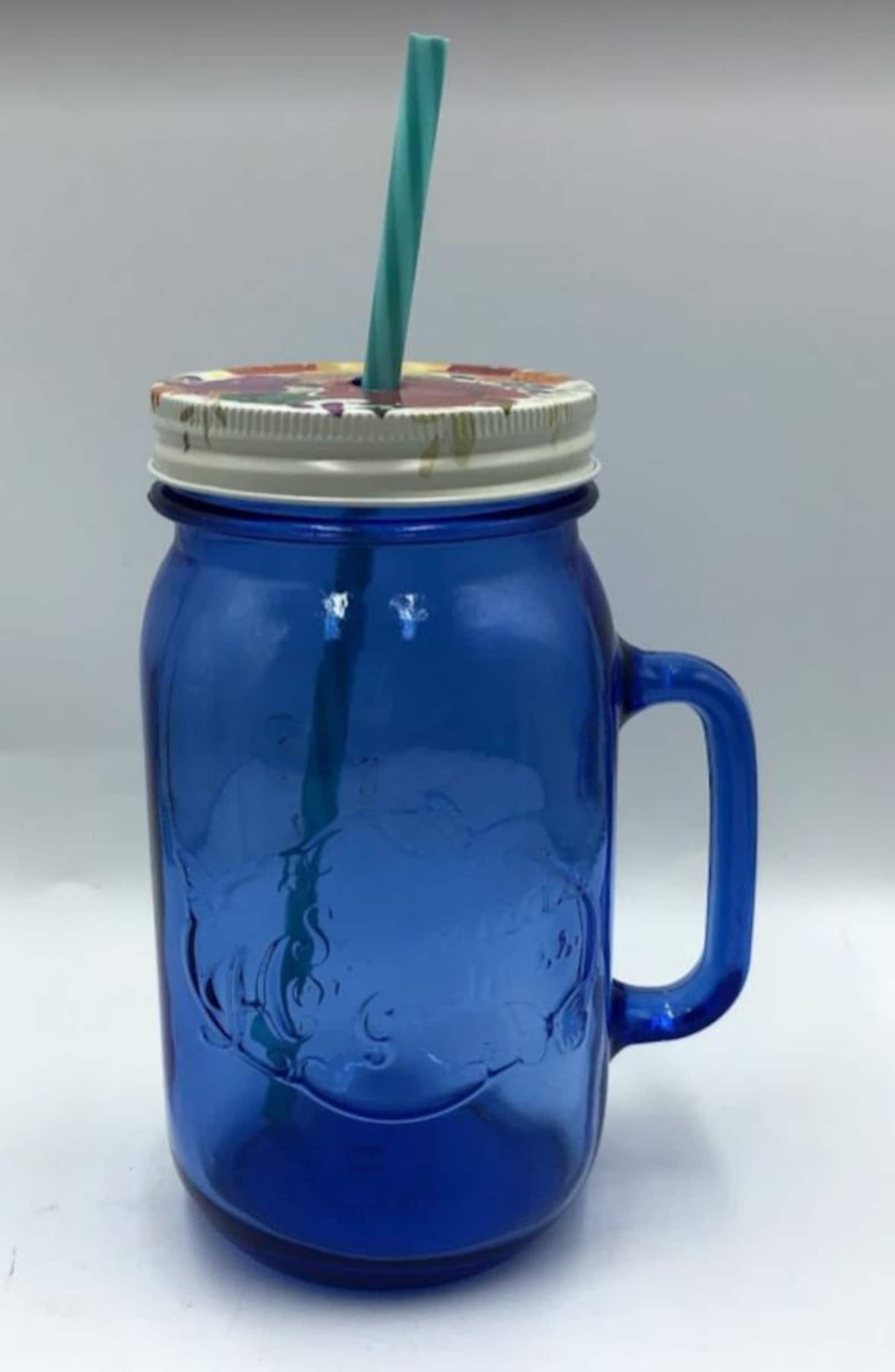 Pioneer Woman Glass Blue Mason Jar Drinking Mug Floral Lid Etsy