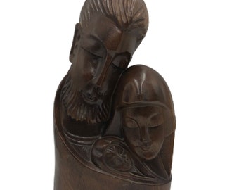 Scultura in legno intagliato a mano vintage MCM Busto Arte Sacra Famiglia Gesù Maria Giuseppe