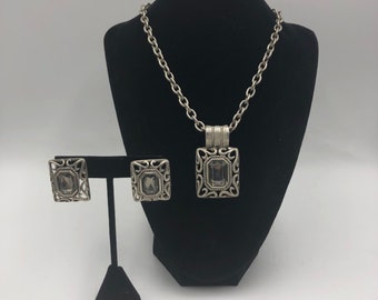 Vintage Bali Style Silver Tone Square Statement Necklace and Pierced Earring Set