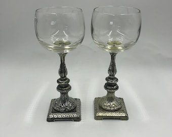 Vintage Set of 2 Metal and Glass Votive Candle Holders Stands Pewter Silver
