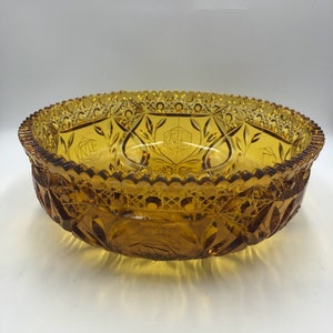 Centre de table vintage en verre ambré et or jaune, bol décoratif orné, bord festonné