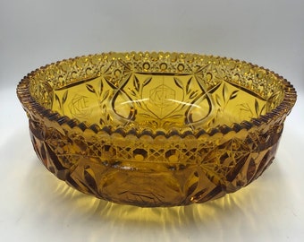 Vintage Amber Yellow Gold Glass Centerpiece Ornate Decorative Bowl Scalloped Rim