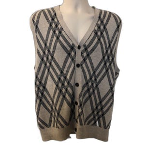 Vintage NWT Haggar Clothing Men&#39;s Argyle Sweater Vest Large Button Up Tan Black