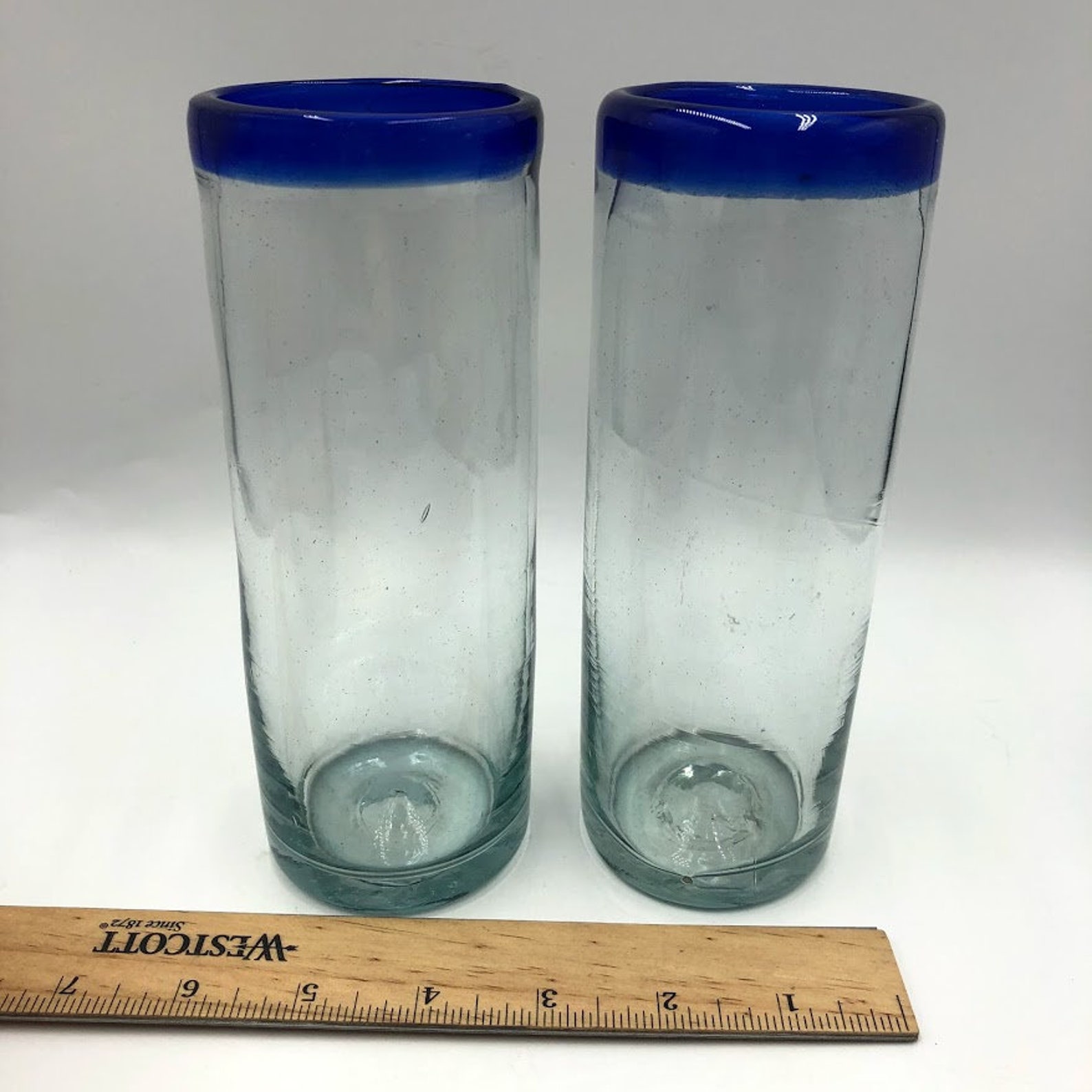 Set of 2 Cobalt Blue Rim Mexican Handblown Glass Tumblers Etsy