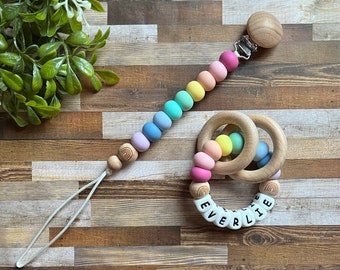 Wooden Rainbow Toy Collection - Pacifier Clip - Personalized Rattle Toy - Rattle Toy - Rainbow Baby - Rainbow Baby Gift - Baby Shower Gift