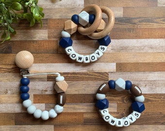 Dallas Cowboys Toy Collection - Pacifier Clip - Rattle Toy - Go Cowboys - Baby Cowboy Toy - Blue - White - Football - Baby Gift - Baby