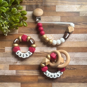 San Francisco 49ers Toy Collection - Pacifier Clip - Rattle - Go Niners - Baby 49ers Toy - Rattle - Red - Gold - Football - Baby Gift - Toy