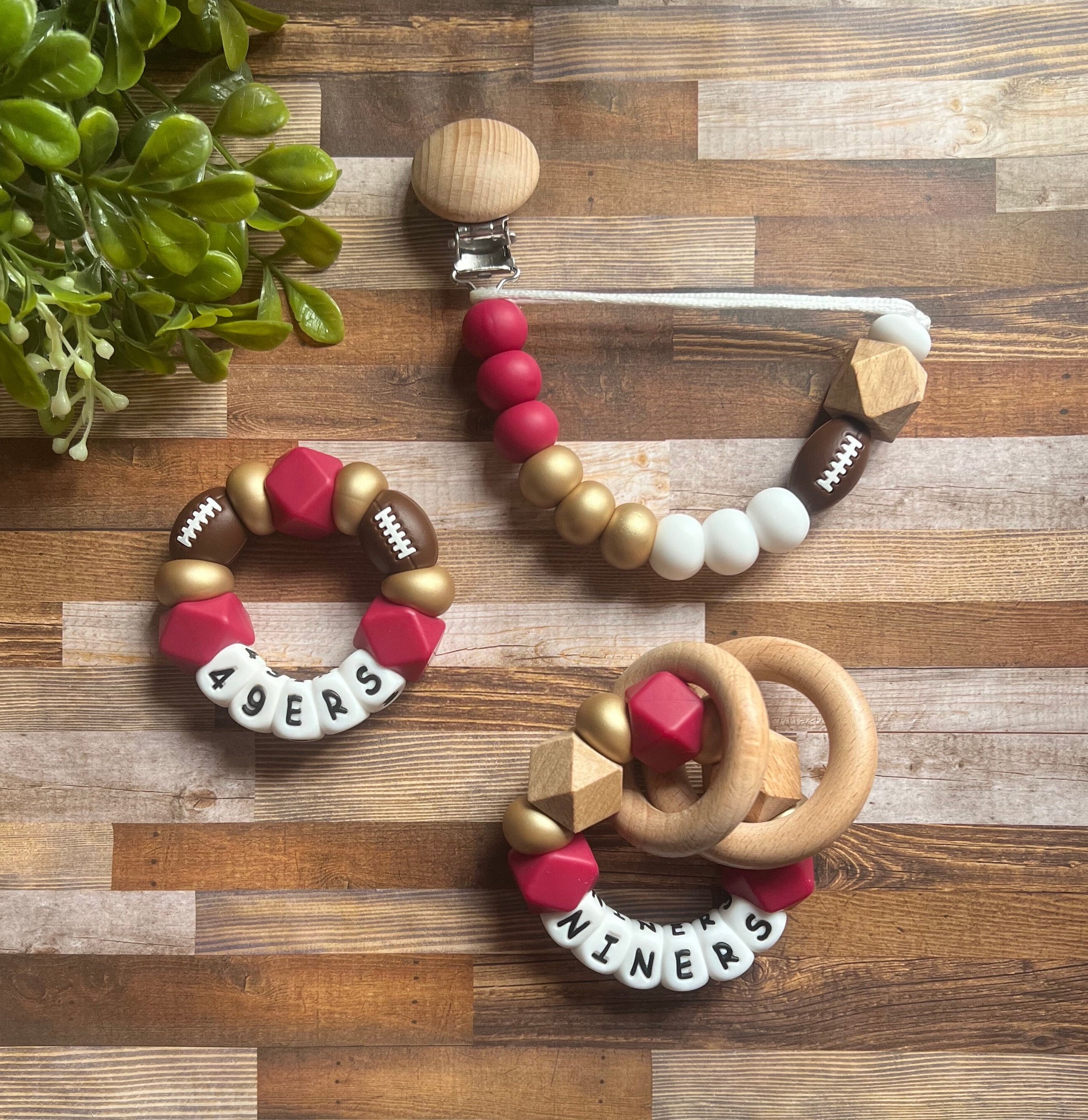 San Francisco 49ers Toy Collection - Pacifier Clip - Rattle - Go Niners - Baby 49ers Toy - Rattle - Red - Gold - Football - Baby Gift - Toy