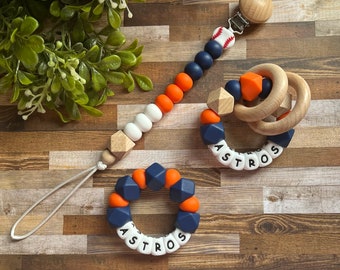 Houston Astros Collection - Baseball Pacifier Clip - Baby Dodgers Toy - Baseball Rattle Toy - Blue - White - Boy Baby Shower Gift - Pacifier