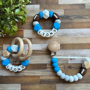 Detroit Lions Toy Collection - Pacifier Clip - Loop Rattle - Go Lions - Baby Lions Toy Rattle - Blue - White - Gray - Football Baby Gift
