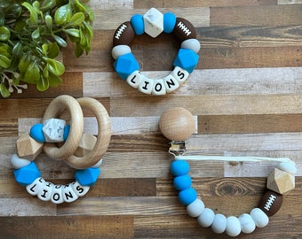 Detroit Lions Toy Collection - Pacifier Clip - Loop Rattle - Go Lions - Baby Lions Toy Rattle - Blue - White - Gray - Football Baby Gift