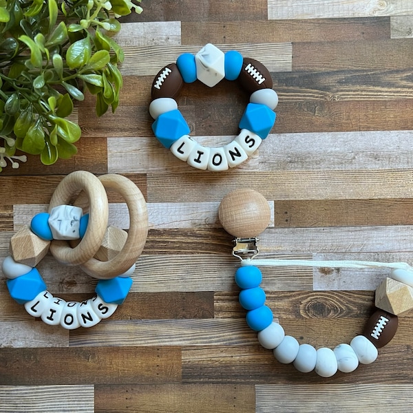 Detroit Lions Toy Collection - Pacifier Clip - Loop Rattle - Go Lions - Baby Lions Toy Rattle - Blue - White - Gray - Football Baby Gift