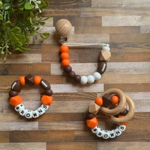 Cleveland Browns Toy Collection - Pacifier Clip - Baby Rattle - Cleveland Browns Baby Toy Rattle - Orange - Brown - Football - Baby Gift