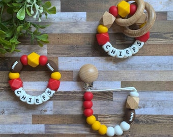 Kansas City Chiefs Toy Collection, Chiefs Baby Gift Pacifier Clip, Baby Chiefs Toy Rattle - Red, Yellow, Football - Chiefs Baby Shower Gift