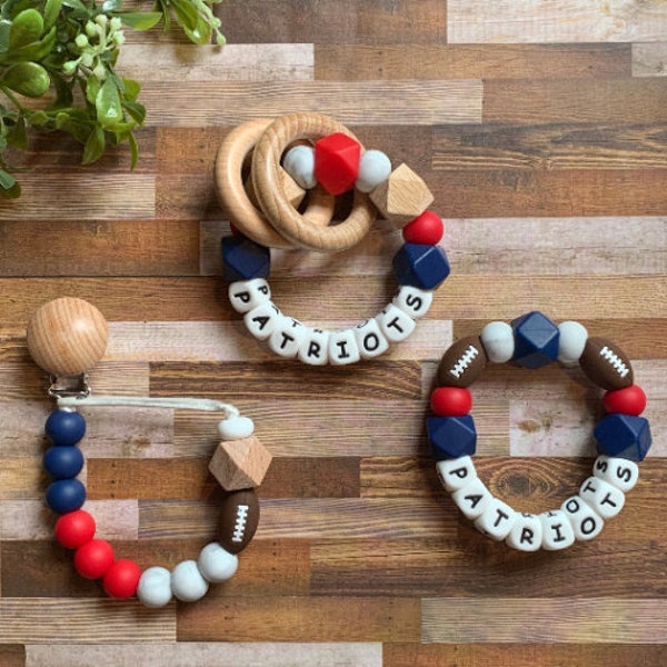 New England Patriots Baby Toy Collection - Pacifier Clip - Rattle Toy - Baby Patriots Toy Rattle - Red - Navy - Football - Baby Gift