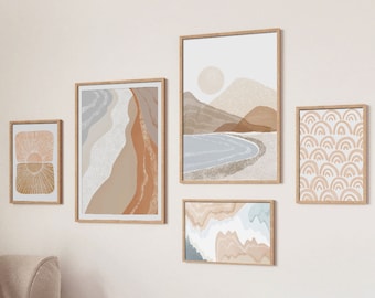 Set of 5 Prints, Abstract Beach Art, Gallery Art Set, Boho Decor, Living Room Decor, Geometric Print, Minimalist Decor, Abstract Wall Art
