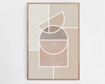 Mixed Geometric Art, Beige Brown Mid Century Print, Modern Abstract Art, Bedroom Wall Decor, Minimalist Print, Living Room Wall Art