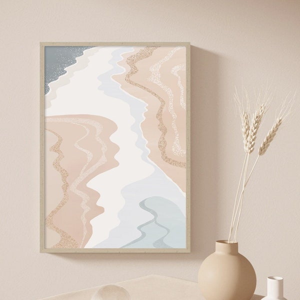 Beige Blue Ocean Painting Art, Pastel Landscape Wall Art, Wave Wall Art, Boho Art Print, Minimal Prints ,Printable Wall Art,