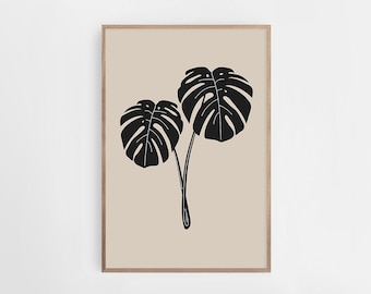 Black Monstera Leaf Art, Monstera Palm Print, Tropical Wall Art,Modern Wall Art,Abstract Wall Art, Minimalist Print,Living Room Wall Art